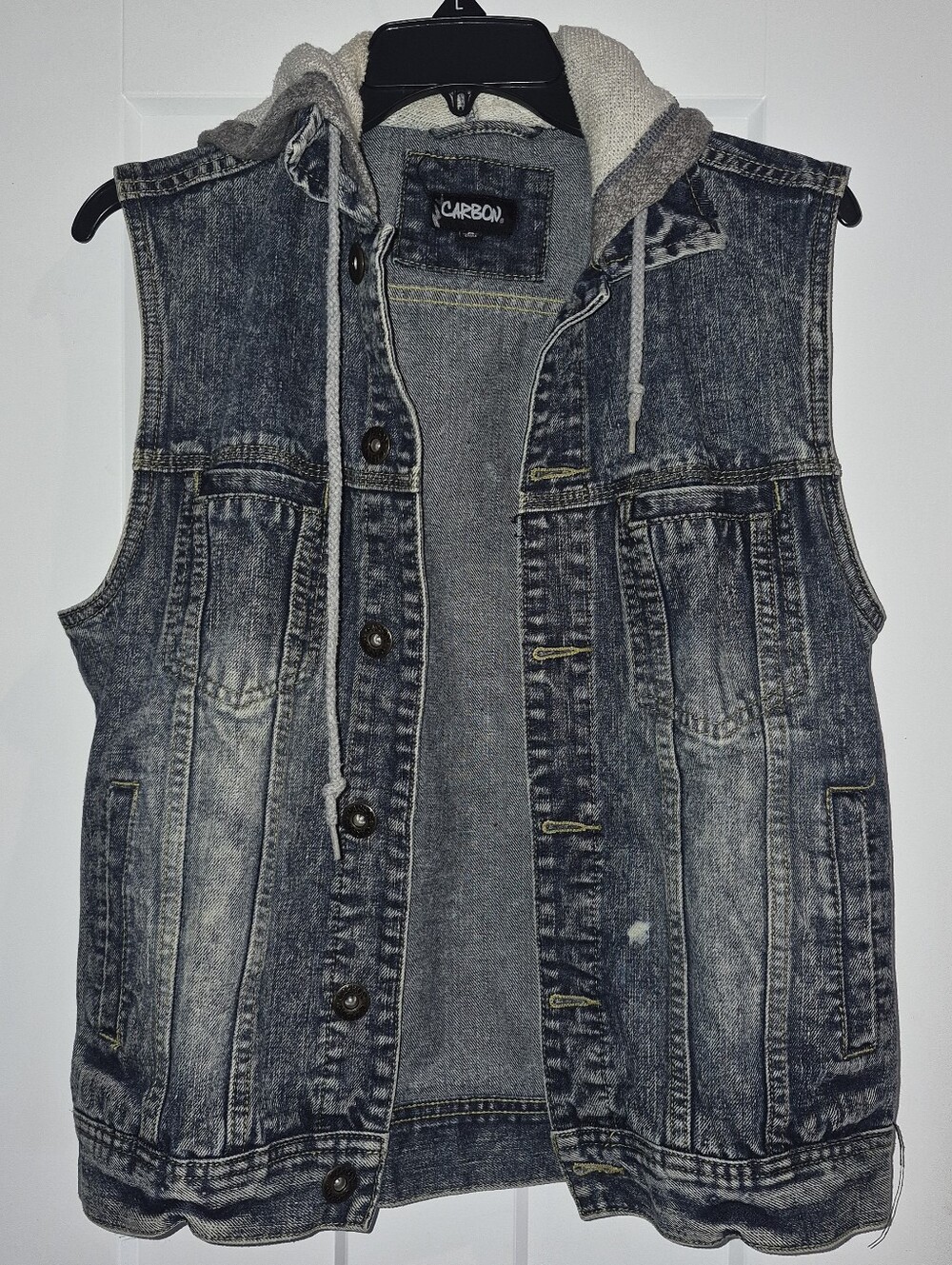 Carbon Sleeveless Denim Vest with Knit Hood - Gray